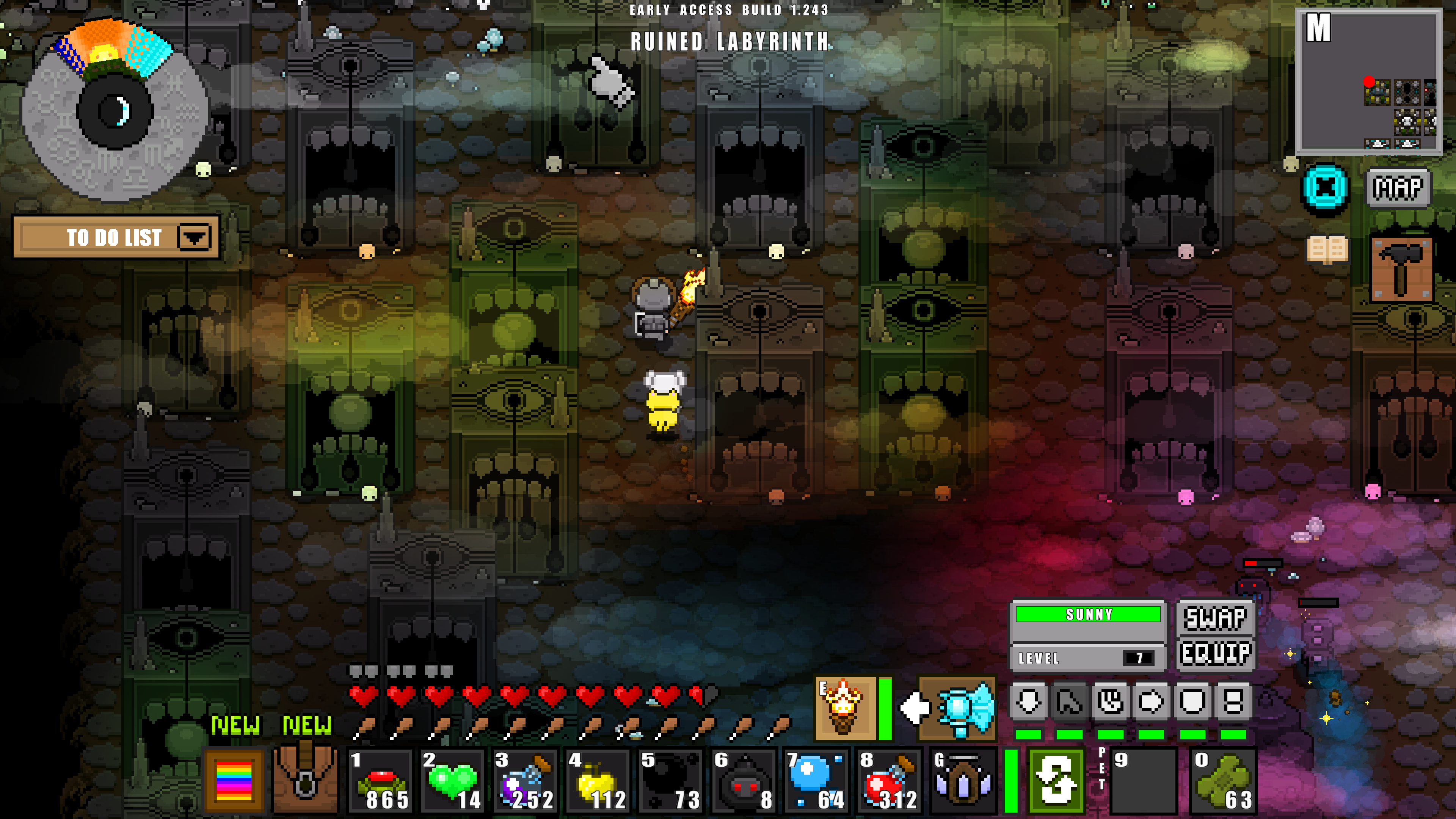 Adventure Craft player exploring the coloured chambers of the Ruined Labyrinth