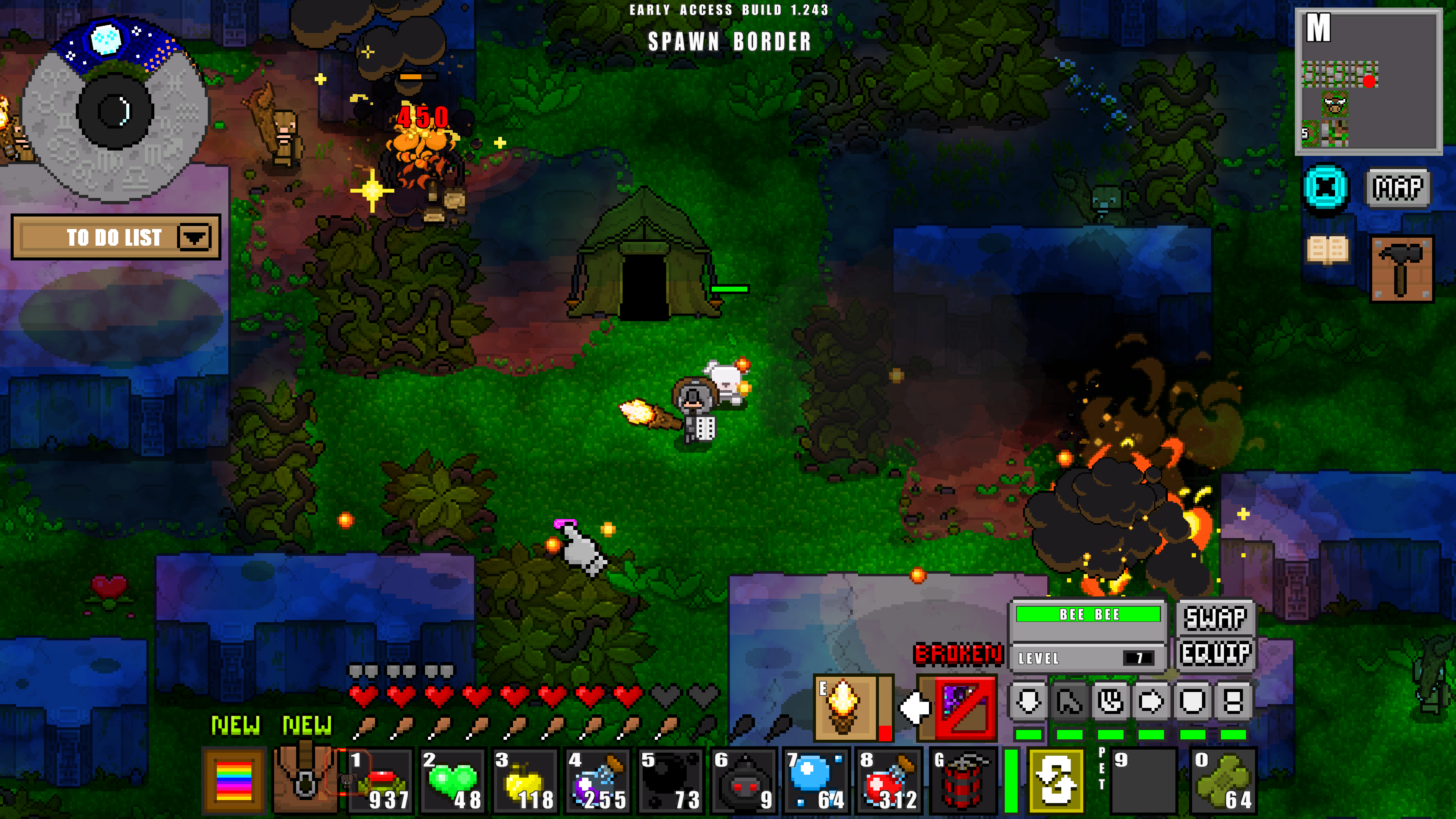 Adventure Craft player fighting enemies at night near the Spawn Border
